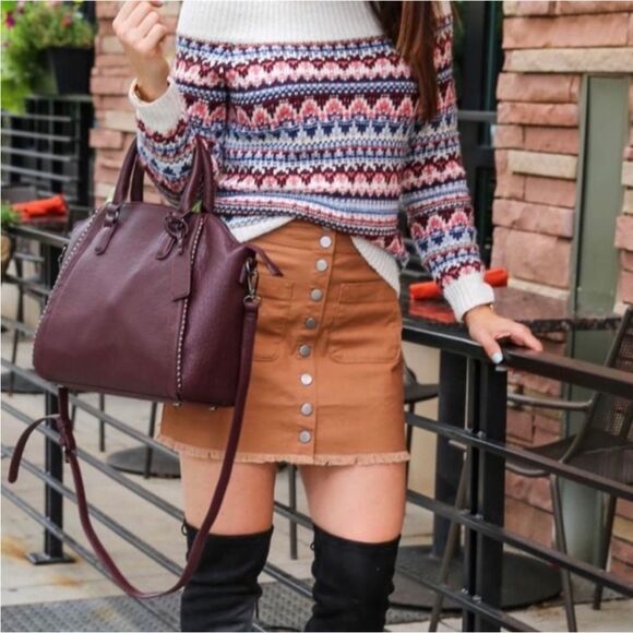 Madewell High Waist Snap Button Skirt Tan Denim Raw Hem Pockets Mini Pencil - Picture 2 of 15